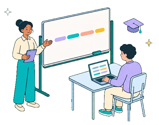 Flat-vector illustration of Kalima capturing a live transcript and AI summary for Education