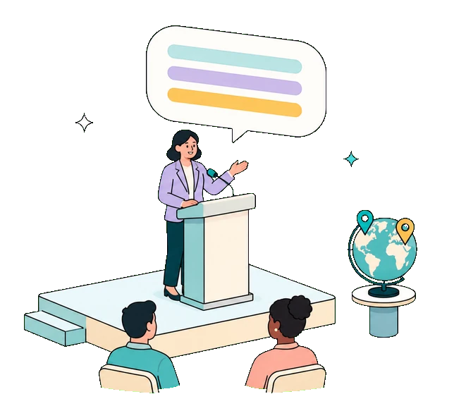 Flat-vector illustration of Kalima capturing a live transcript and AI summary for Events & Conferences