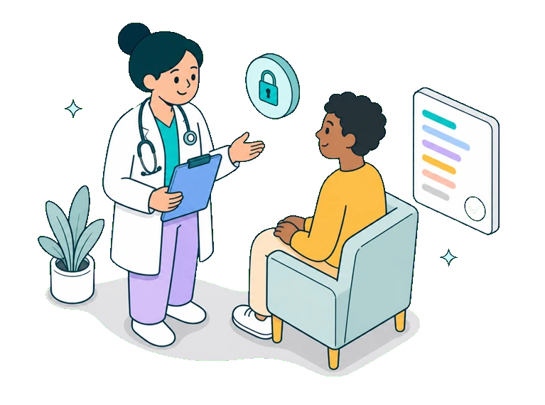 Flat-vector illustration of Kalima capturing a live transcript and AI summary for Healthcare Teams