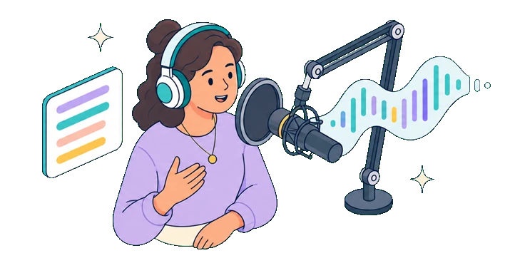 Flat-vector illustration of Kalima capturing a live transcript and AI summary for Podcasters