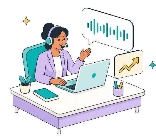 Flat-vector illustration of Kalima capturing a live transcript and AI summary for Sales