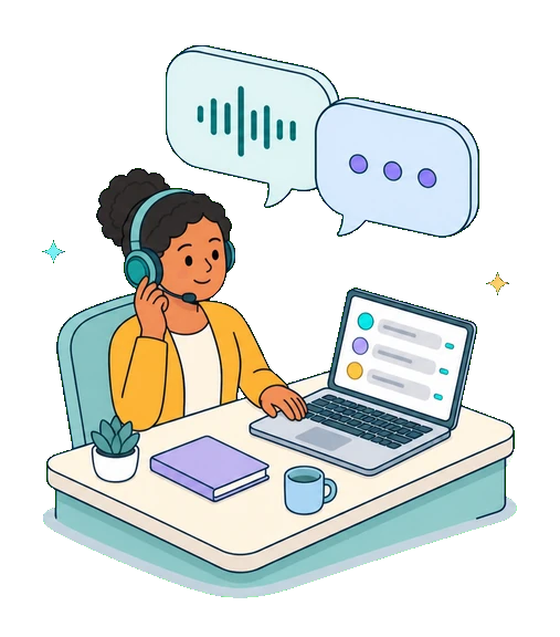 Flat-vector illustration of Kalima capturing a live transcript and AI summary for Customer Support