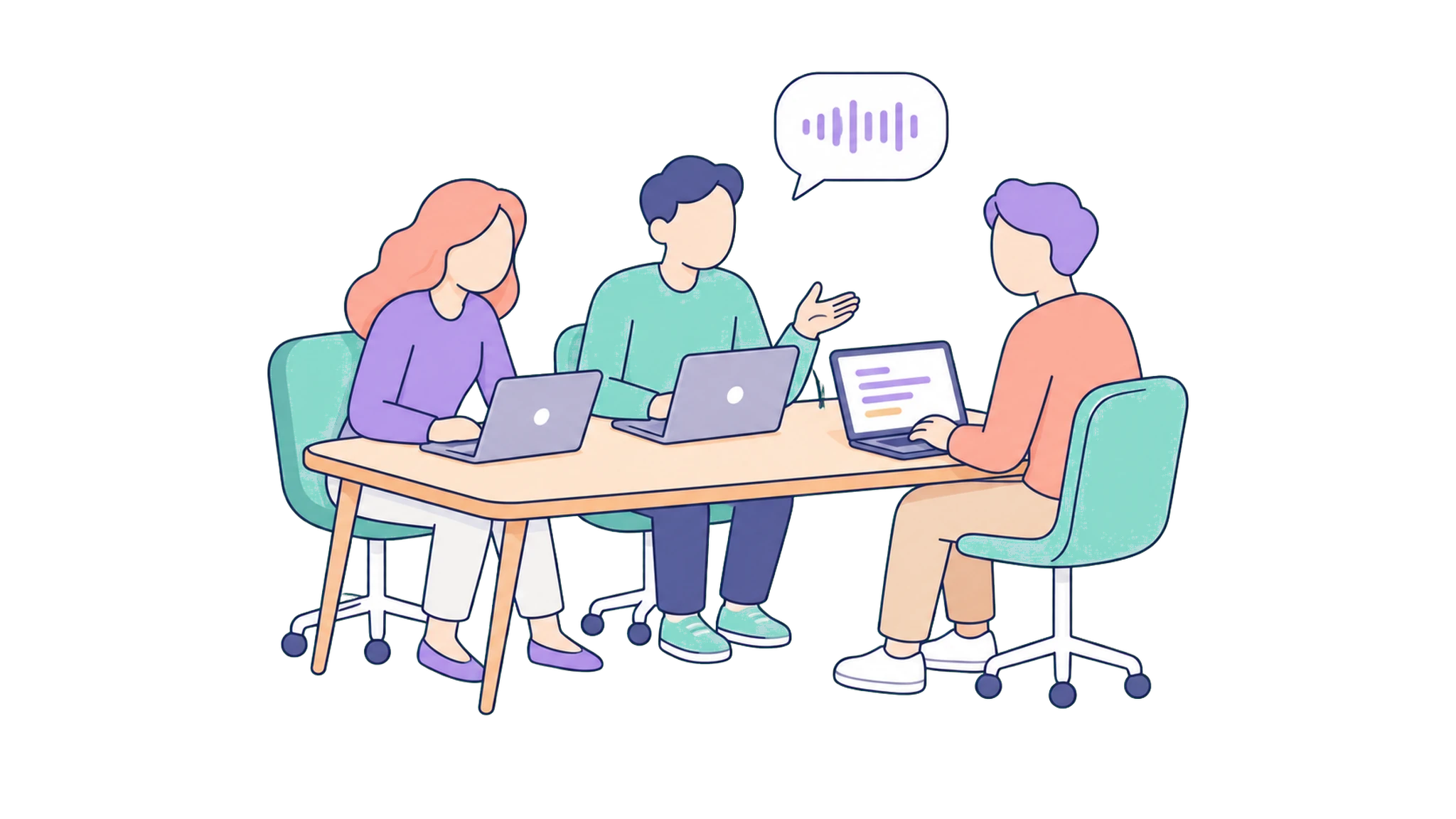 Soft-isometric illustration of a team meeting with a live caption bubble